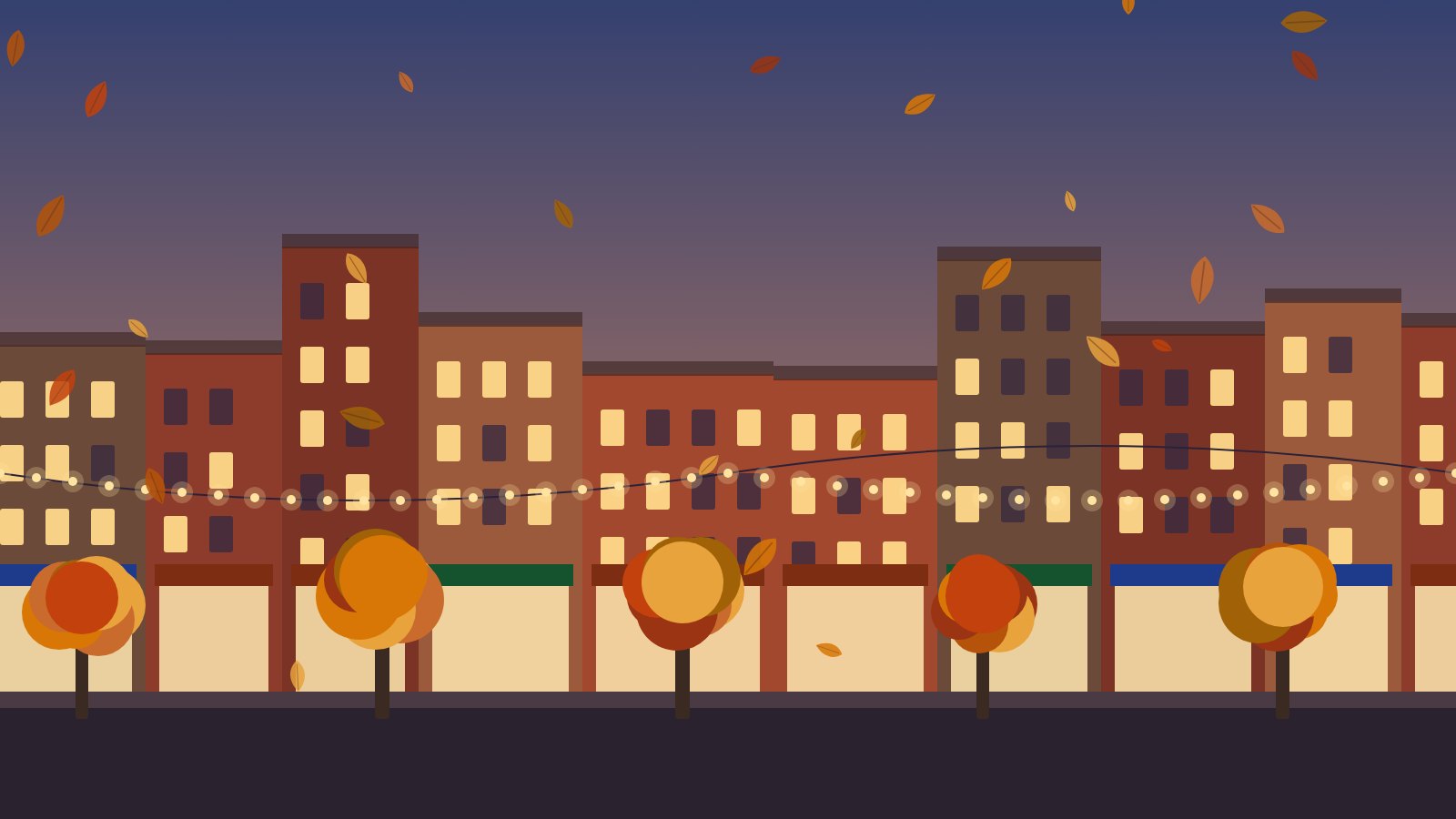 Illustration of a downtown street at dusk with brick storefronts, fall trees and string lights