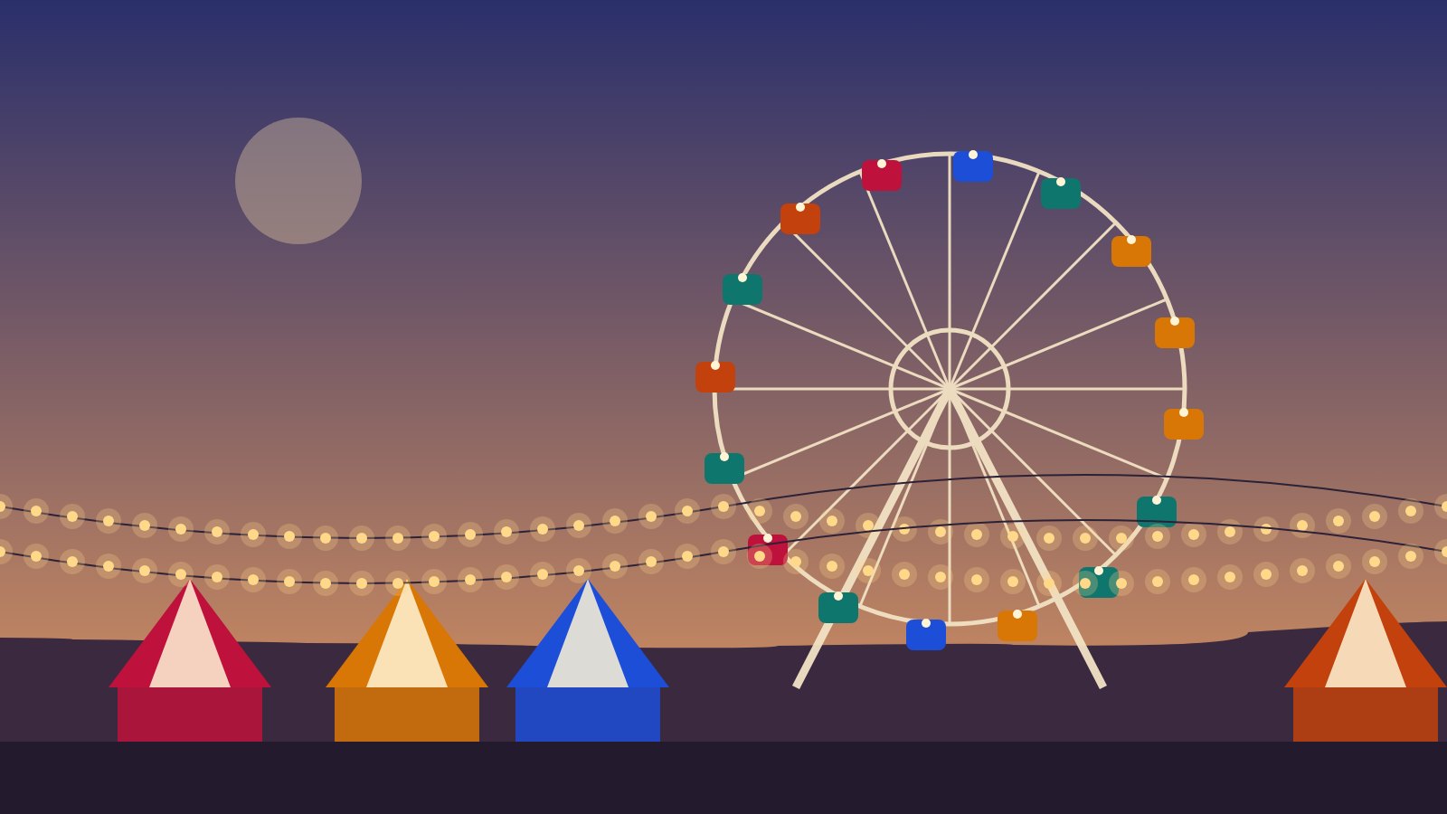 Illustration of a Ferris wheel, fair tents and string lights at dusk