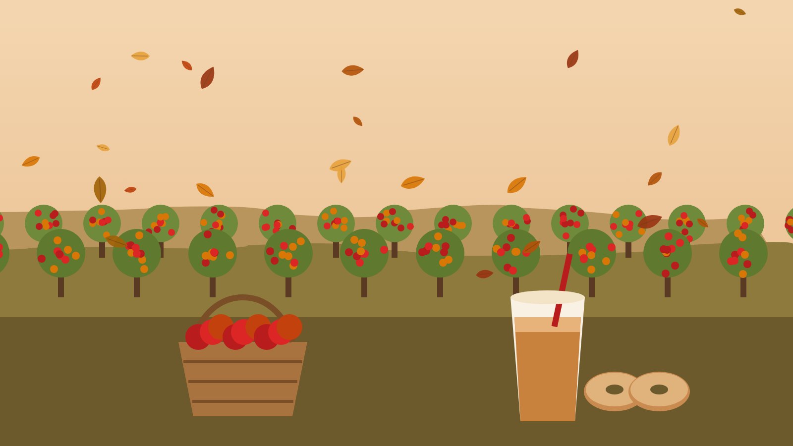 Illustration of an apple orchard with a basket of apples, a cider slushie and apple cider donuts